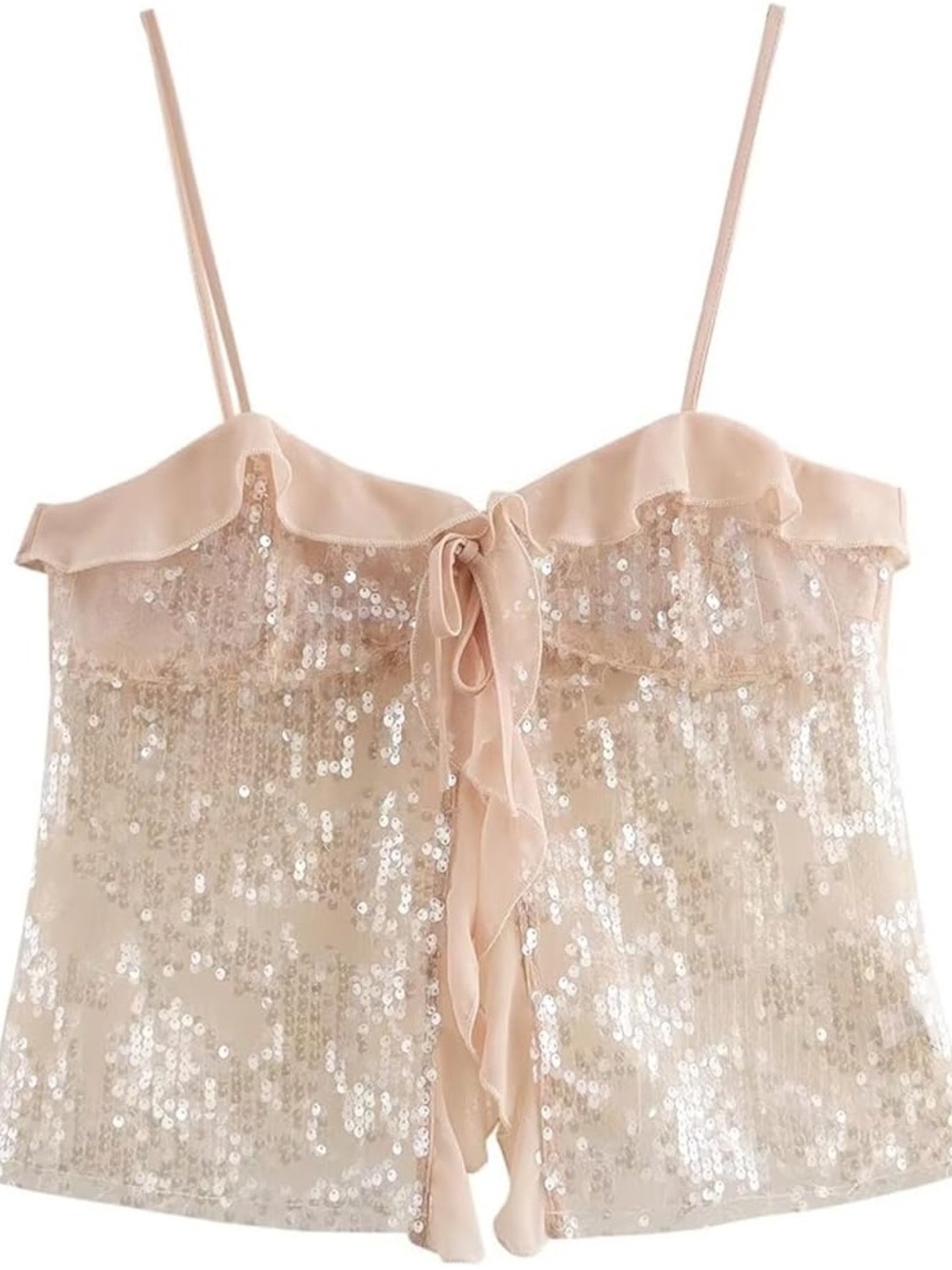 Sequin Ruffle Tie-Front Cami in Blush